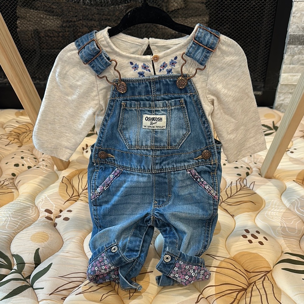 OshKosh B'gosh Blue Denim Overalls and Shirt Matching Set